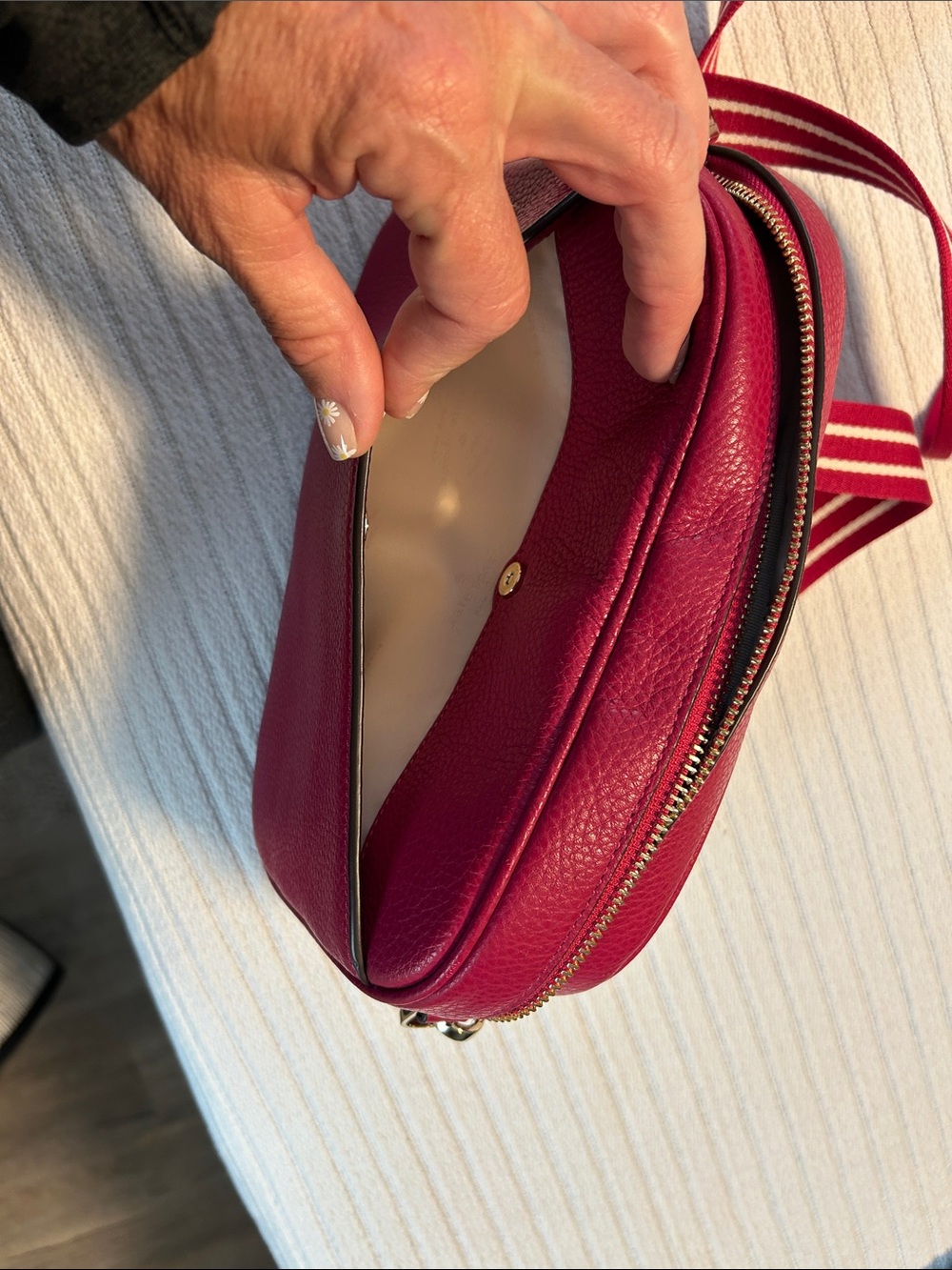 kate spade Raspberry Pebbled Leather Crossbody with Striped Strap - Picture 5 of 13